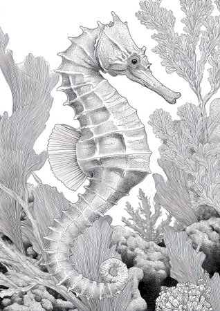 A detailed black and white illustration portrays a seahorse gracefully positioned among various forms of seaweed and coral. The artwork showcases intricate textures and shading, suggesting a serene underwater environment. This image is suitable for educational materials, design projects, and various commercial applications needing detailed marine life representation.の素材