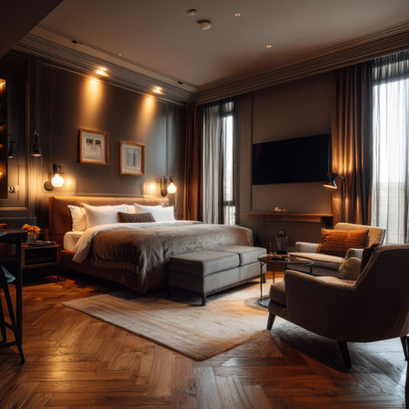 An interior shot showcases a bedroom with a bed, sofa, and chairs. Warm lighting casts shadows and highlights textures such as wood and fabric. The design appears modern with neutral tones, suggesting a comfortable and inviting atmosphere suitable for various commercial or editorial applications.の素材