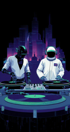 Two figures in futuristic attire are seen operating turntables, performing electronic music. The composition features vibrant colors, contrasting light and shadow, and a dark background with a city silhouette. The artwork presents a digital aesthetic, potentially suitable for promotional material or entertainment design purposes.の素材
