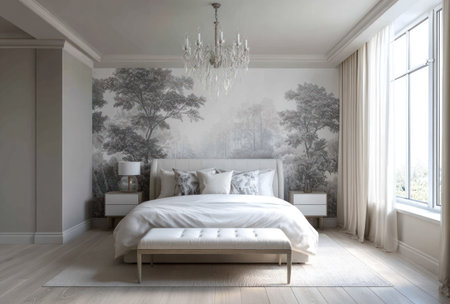 A well-lit bedroom features a large bed with pillows, illuminated by a chandelier and soft daylight. The space includes nightstands, a bench, and a mural adding an artistic element. Suitable for interior design projects, home decor promotions, and similar editorial or commercial uses.の素材