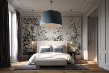 A well-lit bedroom features a large bed with pillows and a bench. The scene showcases a floral wallpaper, a hanging lamp, and wooden flooring. The composition includes curtains and a doorway. This image is suitable for use in design, decoration, and lifestyle related projects.の素材