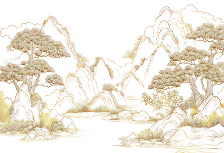 An artistic illustration presents a landscape comprised of mountains and stylized trees. The artwork is characterized by gold line art against a white background. It showcases a refined aesthetic and a detailed composition. Suitable for various creative projects, this image could serve commercial and editorial purposes.の素材