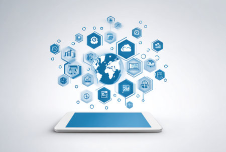 A digital tablet rests on a white background, projecting a network of connected icons. These blue and white hexagonal shapes symbolize data, cloud storage, and global connectivity. The composition uses overhead lighting, creating a clean and modern design. It's suitable for various business and technology-related applications.の素材