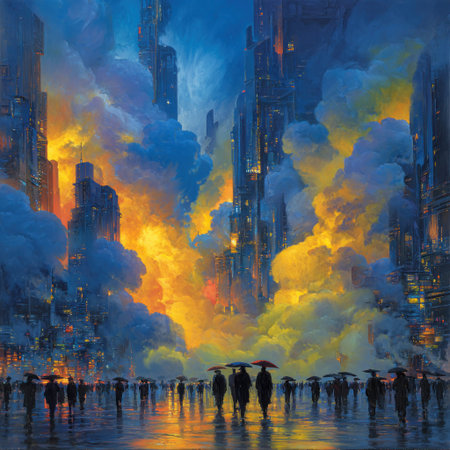 This artwork depicts a city scene with silhouetted figures under umbrellas. The vibrant colors of the sky contrast with the dark structures of the buildings. The painting's style is reminiscent of impressionism, using a mix of colors and textures. It may be suitable for use in illustrations, backgrounds, or artistic projects.の素材