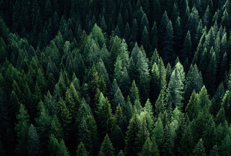 An overhead view reveals a dense forest, dominated by evergreen trees in various shades of green. The composition highlights the texture of the foliage and its layered arrangement. The style suggests a natural environment suitable for environmental concepts or background use, conveying a sense of serenity.の素材