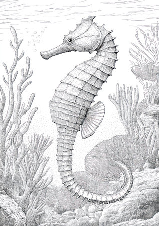 A detailed illustration presents a seahorse swimming amongst coral and aquatic plants. The grayscale artwork utilizes fine lines and shading to create a textured appearance. The scene evokes the ocean and natural environments, suitable for educational, editorial, or decorative applications.の素材