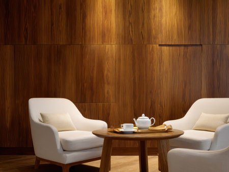 Two white armchairs face each other around a small wooden table, complemented by a teapot and cups. The backdrop features a dark wooden wall. The scene is lit with warm lighting. This image is suited for use in interior design, lifestyle, or hospitality publications.の素材