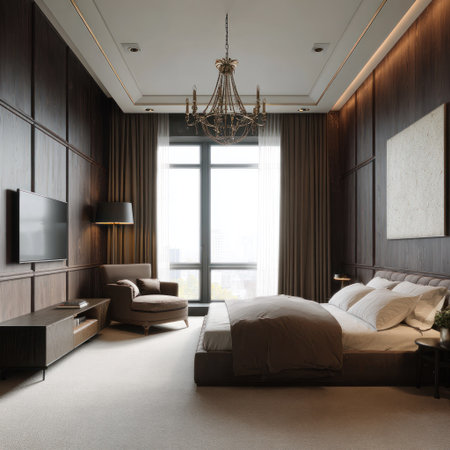 This image showcases a meticulously designed bedroom featuring dark wood paneling, a large window, and ambient lighting. The composition highlights a bed, armchair, and entertainment unit, set against a backdrop of neutral colors. It can be used for interior design presentations, architectural visualizations, and lifestyle publications.の素材