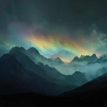 The image showcases a mountainous landscape with a rainbow arching across the sky. The scene features dark, silhouetted mountains contrasted against a colorful, diffused light. The composition suggests an outdoor environment, possibly after a storm. This visual could be used for various editorial and commercial purposes.の素材