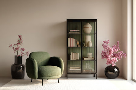 An inviting interior showcases a green armchair, a black bookcase filled with books and vases. Pink floral arrangements add color. Soft lighting creates a serene atmosphere. This image suits various commercial uses, including home decor advertising and design concepts, emphasizing tranquility and stylish living.の素材