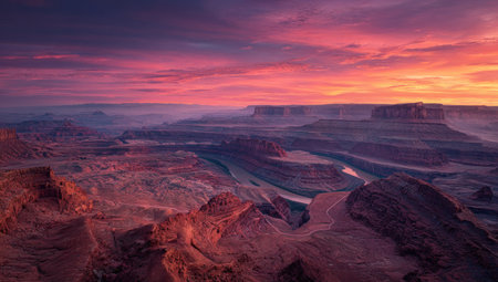An aerial perspective showcases a vast canyon landscape illuminated by a brilliant sunset. The scene features layers of rock formations under a sky painted with hues of orange, purple, and red. The image's lighting creates strong shadows. Suitable for various editorial and commercial applications.の素材