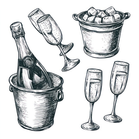 This black and white illustration showcases a champagne bottle in an ice bucket with multiple champagne glasses. The artistic style uses cross-hatching to create depth and texture, with a focus on highlighting the shapes of the objects. Suitable for various projects, it can be used for editorial and commercial purposes.の素材