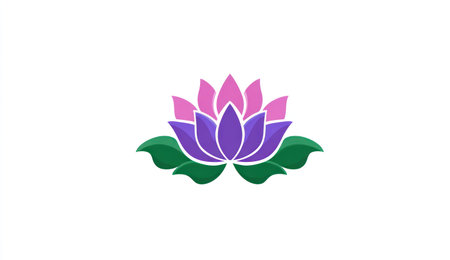 This illustration showcases a detailed lotus flower, featuring layered petals in shades of pink and purple, contrasted against green leaves. The composition, set against a clean white backdrop, has a graphic design style with a smooth texture. This image can be used for various design applications.の素材