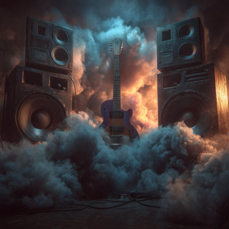 An electric guitar stands centered amidst large speakers, enveloped in a swirling cloud of artistic smoke. The composition features a rich color palette, with hints of orange and blue. The scene suggests a performance environment, potentially suitable for promotional material or creative projects within the entertainment industry.の素材