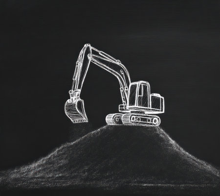 An illustration features a white excavator outline positioned on a mound. The style is a minimalist drawing with a focus on lines against a dark background. It conveys the concept of construction and machinery, potentially suitable for design, advertising, and editorial content related to engineering projects.の素材