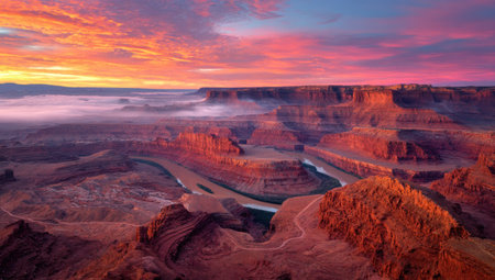 An aerial view presents a canyon landscape under a colorful sunset. The scene features layered rock formations, winding river, and a vibrant sky with various shades of orange and pink. This photograph could be utilized for travel brochures, environmental projects, and landscape design purposes.の素材