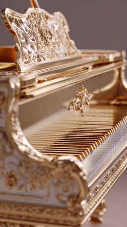 An exquisite golden piano, showcasing intricate ornamental designs. The instrument is illuminated by warm lighting, highlighting its glossy finish and detailed carvings. The composition suggests an indoor setting, likely a studio or performance space. This image is suitable for various commercial purposes, including music-related projects.の素材