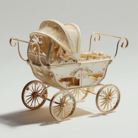 An antique baby carriage, rendered in intricate detail, stands against a plain background. The carriage features a cream and gold color scheme with ornate detailing, including curved handles and spoked wheels. The composition benefits from soft lighting, creating gentle shadows, ideal for illustrations and design projects. Suitable for print and digital media applications.の素材