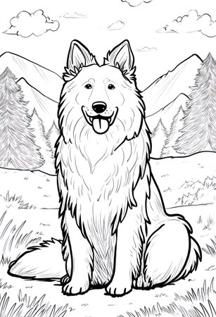 A detailed line art illustration portrays a dog seated in a natural outdoor setting. The image uses a monochromatic palette with contrasting lines to define the subject and surroundings, including mountains, trees, and grassy areas. This artwork could be suitable for educational materials or design projects.の素材