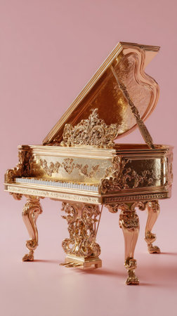 A detailed image showcases a golden grand piano, set against a soft pink backdrop. The piano features elaborate carvings and a reflective surface. The lighting emphasizes the ornate details. Suitable for various applications, including advertising and design projects, the image conveys luxury and artistry.の素材