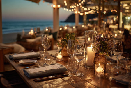 An inviting table setting features glasses, candles, and decorative elements. Warm lighting illuminates the scene, enhancing the soft textures of the linens and wooden table. The composition suggests a relaxed and luxurious atmosphere, possibly for special events or hospitality related content. The beach is visible in the background.の素材