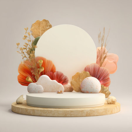 A decorative stage design features a central circular backdrop framed by colorful floral elements. The composition includes a round platform with textures and lighting effects. This artwork could be used in product promotion, design, or decorative projects. The setting is clean with soft light.の素材