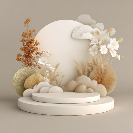 A 3D rendering displays a circular podium adorned with decorative elements. Soft beige and white tones dominate the composition. Stylized clouds, flowers, and dry plants create a delicate setting, enhanced by the subtle lighting. Suitable for promotional material or artistic design projects.の素材