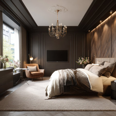 This image showcases an upscale bedroom design featuring a bed with decorative pillows and blanket. The room presents a dark color palette. The composition emphasizes the bed and includes a chandelier. The scene offers possibilities for commercial and lifestyle applications.の素材