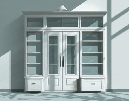 A pristine white cabinet with glass doors and shelves is depicted indoors. The clean, modern design is accentuated by natural sunlight casting shadows across the structure. The composition highlights geometric shapes and textures, suitable for interior design or architectural concepts. It may be used for a wide range of commercial applications.の素材