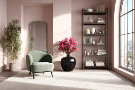 An interior scene features a green armchair, potted plant, decorative items, and a vase of flowers. The room displays a neutral color palette of pink, white, and black, with sunlight streaming through a window. The image is suitable for various commercial uses, including advertising and editorial design.の素材