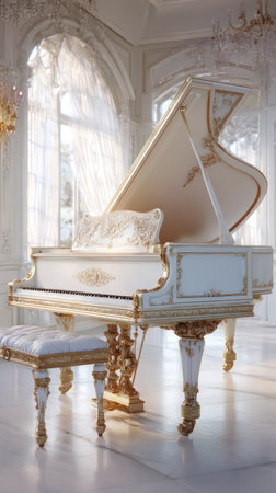 A pristine white grand piano takes center stage in a sunlit room. The instrument showcases intricate gold detailing and ornamentation. Soft, diffused lighting enhances the composition, creating a sense of luxury. This image could be used in design projects, or as a background, and is suitable for various editorial and commercial purposes.の素材