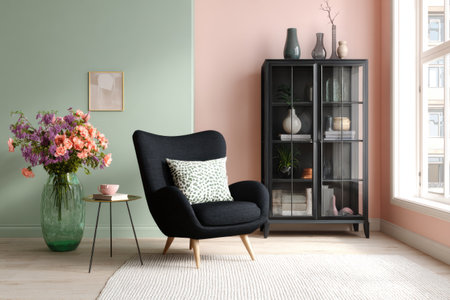 A stylish living space features a black armchair, a display cabinet, and a vibrant flower arrangement. The scene is illuminated by natural light, highlighting the textures of the furniture and the pastel colors of the walls. Suitable for editorial use, the image showcases a comfortable and inviting atmosphere ideal for interior design publications.の素材