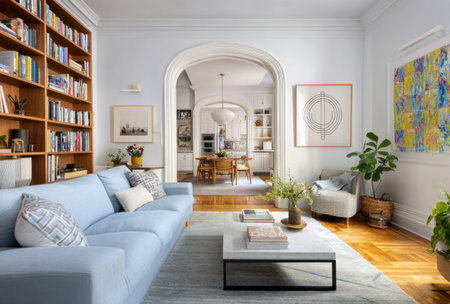 An inviting living room features a light blue sofa and a white armchair. The space showcases a wooden floor, a rug and a minimalist coffee table. An archway leads to another room. The composition includes an abundance of bookshelves with a gallery wall. Suitable for home decor or lifestyle publications.の素材