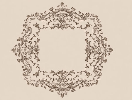 An intricate ornamental frame composed of swirling lines and floral accents is presented against a neutral background. The detailed vector illustration showcases a classical style with symmetrical balance. This design is suitable for use in various creative projects seeking a touch of classic elegance or historical context, ideal for print and digital applications.の素材
