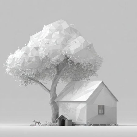 A rendered grayscale scene features a small house next to a large tree, all rendered in a low-poly geometric style. The lighting appears soft and even, and the overall composition is simple. This graphic illustration can be used in various projects needing a minimalist architectural or environmental theme.の素材
