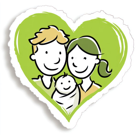 This illustration depicts a family of three inside a green heart. The cartoon-style image features a father, mother, and baby. The composition uses bright colors and a clean aesthetic. It may be suitable for use in educational materials, promotional content, or designs related to family values.の素材