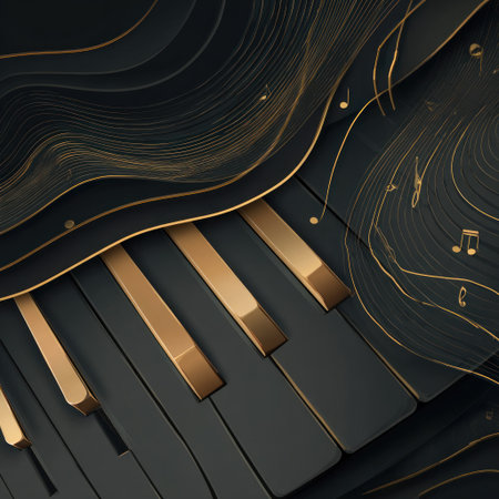 This image presents a piano keyboard with gold and black keys, integrated with flowing golden lines and musical notes. The composition employs a dark, textured background, creating a sense of depth and elegance. It is suitable for diverse creative applications, including design projects and illustrative uses.の素材
