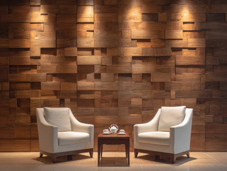 Two cream-colored armchairs sit before a textured wooden wall, flanking a small square table. A tea set rests on the table. Overhead lighting casts focused illumination. The scene conveys a sense of quiet comfort and could be used for lifestyle, design, or decorative projects.の素材