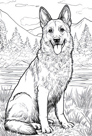 A German Shepherd dog sits outdoors, rendered in grayscale. The image features a detailed line art style with varying line weights. The dog has its tongue out, suggesting a playful mood. The composition includes a mountain range, trees and river. Ideal for editorial content, illustrations and design projects.の素材