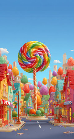 A vibrant illustration features a large, swirled lollipop standing tall in a town setting. The image showcases a lively color palette, with bright hues against a clear blue sky. It appears to be a digital illustration, potentially suitable for children's publications, advertising, or general design applications. The focus is on the sweet treat and the whimsical surrounding.の素材