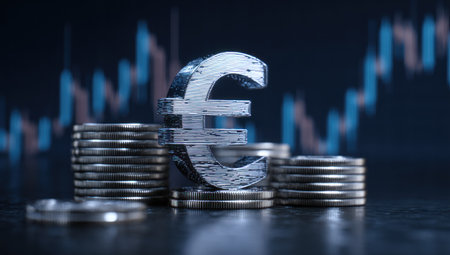A metallic euro symbol is positioned above stacks of coins, against a blurred backdrop featuring financial charts. The image uses a dark color palette with blue and silver hues. The composition may be suitable for illustrating topics related to finance, economics, investments, or currency exchange. The visual suggests business and commercial applications.の素材
