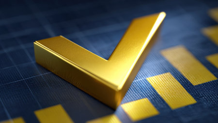 A golden check mark is presented against a textured dark blue backdrop featuring chart-like graphics. The image displays a close-up composition, employing a focus on the golden object. The lighting appears diffused, possibly indicating studio conditions. This visual could be applicable for various commercial and informational purposes.の素材