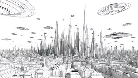 An artistic line drawing depicts a futuristic cityscape with tall spires and aerial vehicles. The monochrome style emphasizes architectural details and aerial elements. The perspective suggests an expansive urban environment with a network of buildings and transport. Suitable for conceptual illustrations or designs for editorial content.の素材
