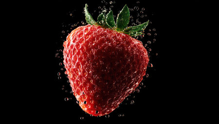 A close-up captures a ripe strawberry set against a dark backdrop. The fruit displays a vibrant red hue with textured skin, enhanced by droplets of water. The composition, lit with overhead light, may be suited for use in product promotion, advertising campaigns, or editorial content.の素材