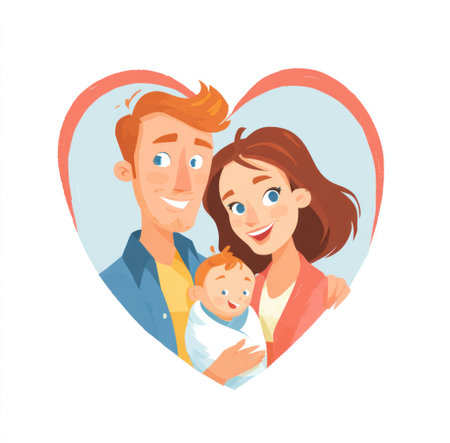 This colorful illustration depicts a family of three inside a heart shape. The image shows a father, a mother, and a baby. The style is cartoonish and cheerful, using soft colors and a clean aesthetic. Suitable for various projects related to family, love, and childhood. It can be used in commercial and editorial contexts.の素材