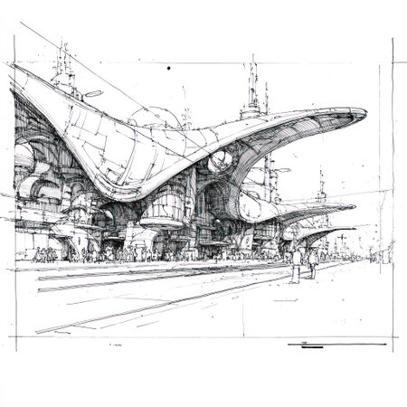 An illustration presents a complex building design with a strong focus on architectural detail. The monochromatic image showcases precise lines, curves, and a balance of light and shadow, indicating an urban setting. The sketch-like style suggests conceptual or development imagery, potentially suitable for design presentations or conceptual art uses.の素材