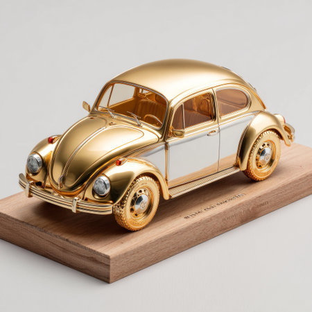 A close-up view presents a gold and white beetle car model placed on a wooden platform. The vehicle exhibits shiny metallic surfaces and detailed design, positioned against a plain, light-toned backdrop. This image could serve various commercial applications, including advertising or product promotion, or as an editorial illustration.の素材