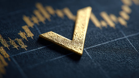 A golden checkmark symbol rests atop a dark background overlaid with golden chart lines. The close-up shot uses shallow depth of field, highlighting the textures and details. This composition suggests concepts like confirmation, success, or financial achievements. It can be used in various commercial applications.の素材