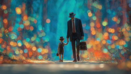 A man and child are seen walking in this image, likely a father and son, holding hands. The pair are silhouetted against a bright, colorful bokeh background of light. The image features soft lighting and a dreamlike composition. It can be used for conceptual illustrations or commercial projects.の素材