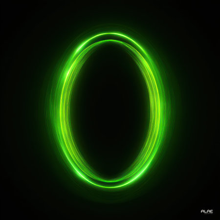 An illuminated green oval shape is centered against a dark background, creating a visual point of interest. The design features a glowing neon effect. The composition is likely digitally created, with smooth textures and a modern aesthetic. Suitable for various creative and conceptual projects in design and advertising.の素材